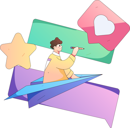 Man riding on paper plane while writing comment  Illustration