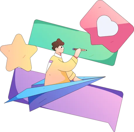 Man riding on paper plane while writing comment  Illustration
