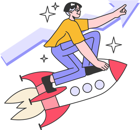 Man riding on rocket while getting startup growth  Illustration