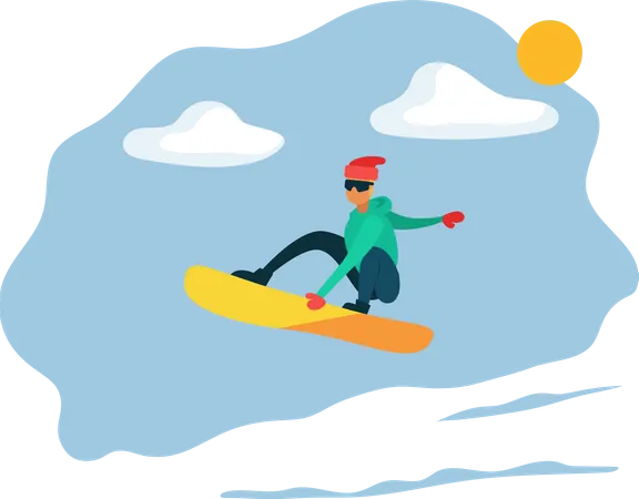 Man Sliding On Snowboard On Mountain Hill Snowboarder Doing His Hobby Snowboarding Or Extreme Sport Recreational Wintertime Activity Person In Forest Or Wood Vector Illustration In Flat Style Illustration