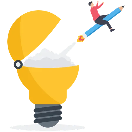 Man riding pencil rocket from opening light bulb  Illustration