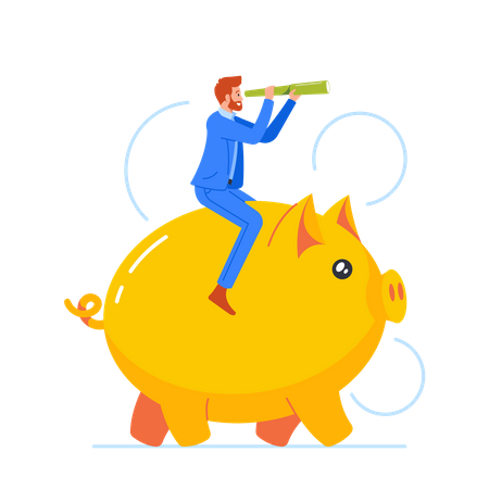 Man Riding Piggy Bank Looking At Goal Through Spyglass  Illustration