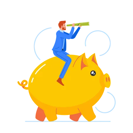 Man Riding Piggy Bank Looking At Goal Through Spyglass Isolated On White Background Businessman Character Entrepreneur Look For Investment Financial Fund Concept Cartoon People Vector Illustration Illustration