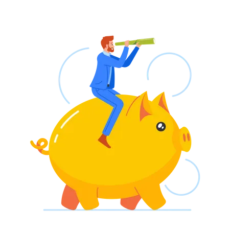 Man Riding Piggy Bank Looking At Goal Through Spyglass  Illustration