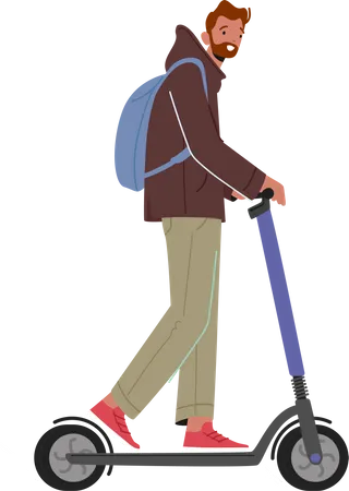 Man riding push scooter  Illustration