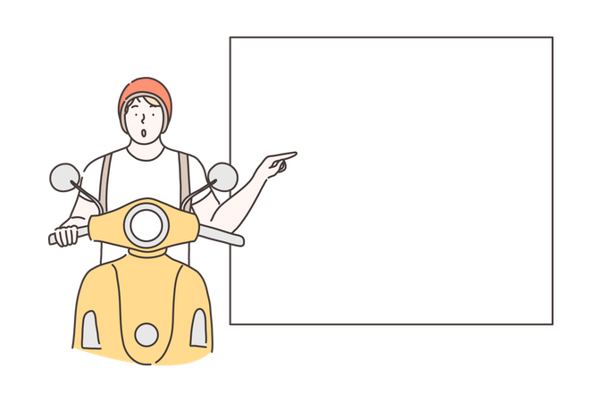 Man riding scooter showing blank board  Illustration