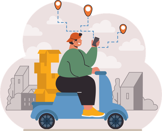 Man riding scooter while finding delivery location  Illustration