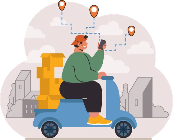 Man riding scooter while finding delivery location  Illustration