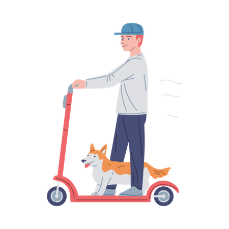 Man riding scooter with his dog  Illustration