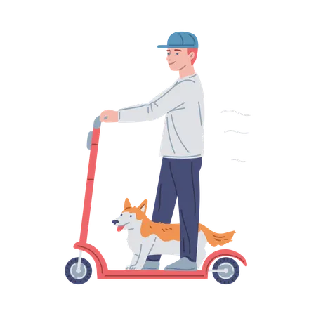 Man riding scooter with his dog  Illustration