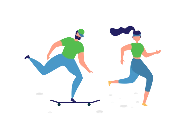 Man riding skateboard and lady running in park  Illustration