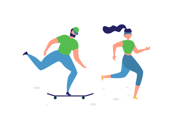 Man riding skateboard and lady running in park  Illustration