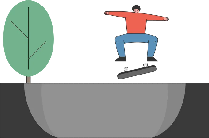 Concept Of Skateboard Ride Sports Activity Teenager Skateboarder Is Riding Skateboard Skateboarding Boy Is Making Stunts On Board In The Skatepark Cartoon Outline Linear Flat Vector Illustration Illustration