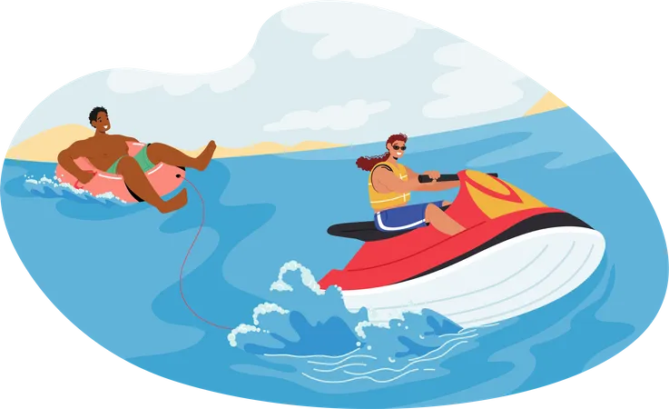 Man Character Riding Water Tube Soaring Over Waves Feeling Rush Of Wind And Spray Balancing On The Tubing He Smiles Enjoying The Thrill Of Speed And Excitement Cartoon People Vector Illustration Illustration
