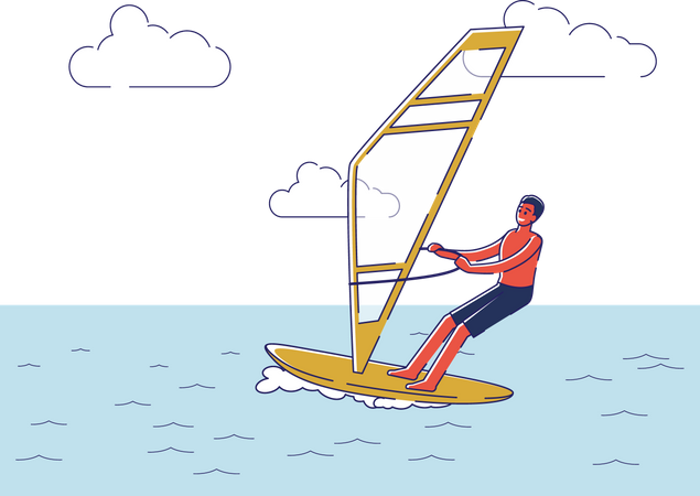 Man riding windsurf board Illustration