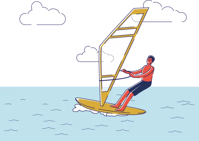 Man Riding Windsurf Board Male Cartoon Character Windsurfing In Ocean Extreme Summer Water Activity Wind Surfer Racing Leisure Vacation And Travel Concept Linear Vector Illustration Illustration