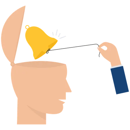 Man ringing the bell in his self brain head metaphor of awareness of his exist  Illustration