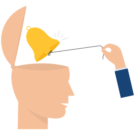 Man ringing the bell in his self brain head metaphor of awareness of his exist  Illustration