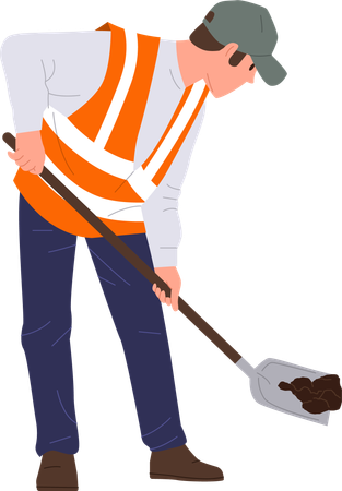 Man road worker wearing uniform digging with shovel  イラスト