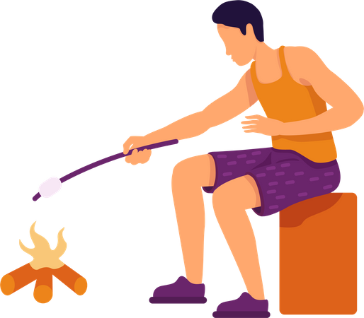 Man roasting marshmallows over fire Illustration