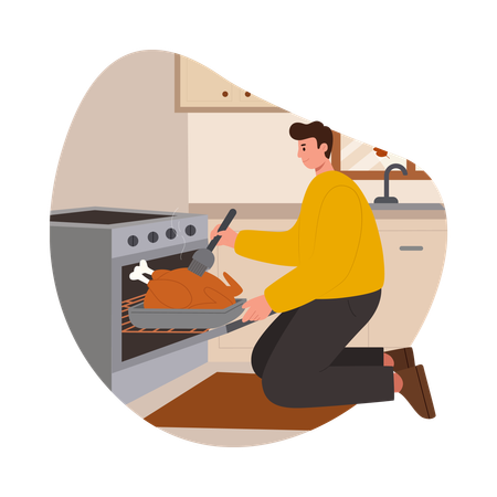 Man Roasting Turkey in the Oven  Illustration