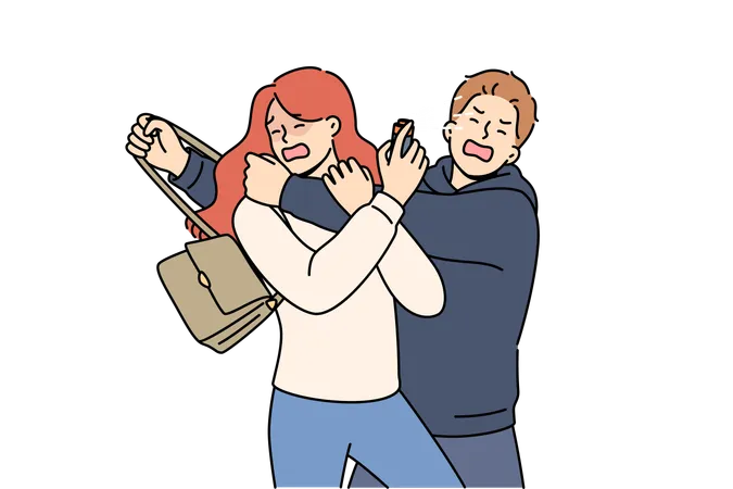 Man Robber Sprayed With Gas From Victim Spray Bottle Using Pepper Spray For Self Defense Girl Trying To Save Woman From Robber Who Is Stealing Handbag With Purse For Purpose Of Dishonest Enrichment Illustration