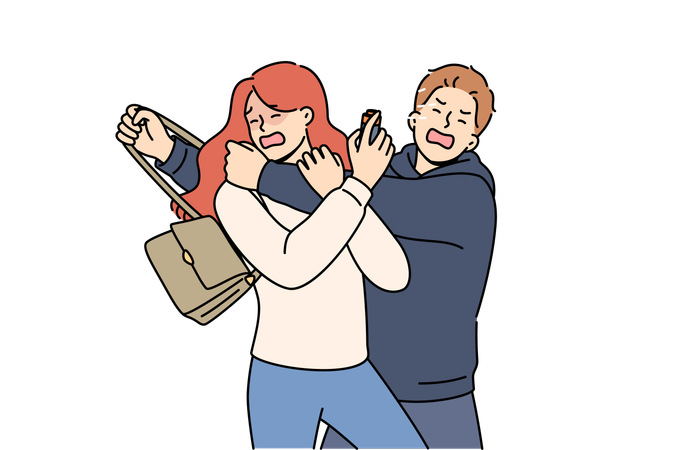 Man robber sprayed with gas from victim spray bottle and using pepper spray for self-defense  イラスト