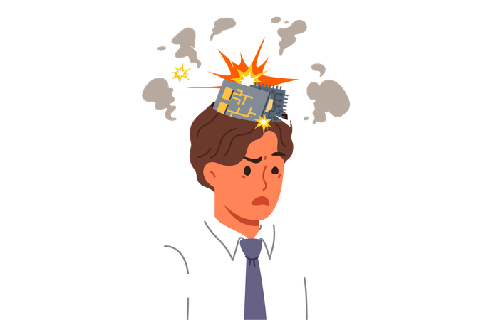 Man robot with exploding computer boards in head due to overload with work tasks  イラスト