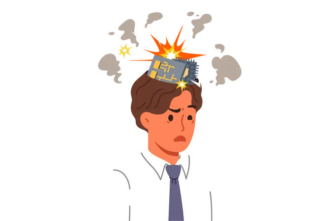 Man robot with exploding computer boards in head due to overload with work tasks  イラスト