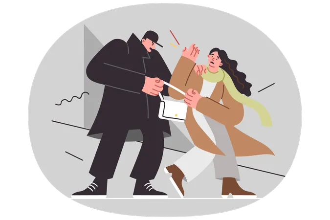 Man robs woman purse attacking in dark gateway to rob and take away valuables and money  Illustration