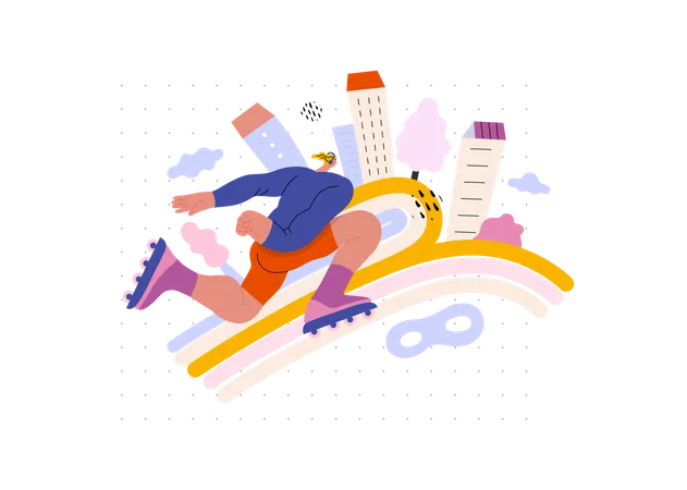Life Unframed Roller Modern Flat Vector Concept Illustration Of A Man Rollerblading Across Rainbow Metaphor Of Unpredictability Imagination Whimsy Cycle Of Existence Play Growth And Discovery Illustration