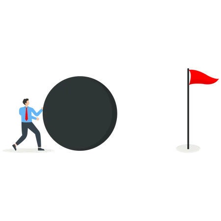 Man rolls golf ball into hole  Illustration