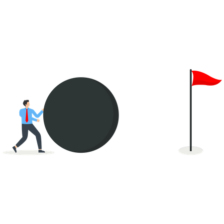 Man rolls golf ball into hole  Illustration