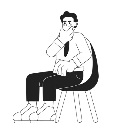 Middle Eastern Man Rubbing Chin Black And White 2 D Cartoon Character Brainstorm Male Office Worker Sitting On Chair Isolated Vector Outline Person Thinking Guy Monochromatic Flat Spot Illustration Illustration