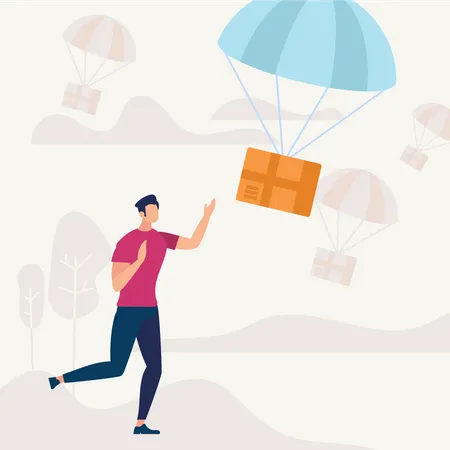 Man Run and Catching Parcel Falling with Parachute  Illustration