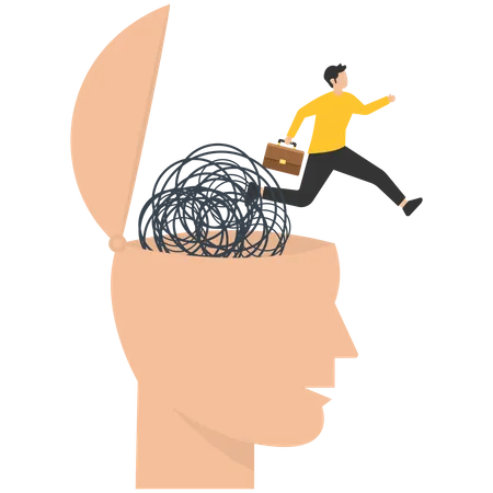 Man run away escape from mess tangled line brain on his open head  Illustration