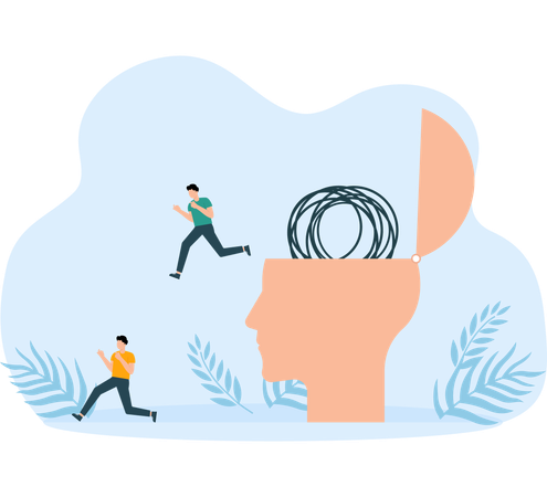 Man run away escape from mess tangled line brain on his open head  Illustration