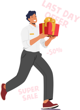 Man Run With Gift Box Eagerly Entices Customers With Promises Of Bonuses And Presents  Illustration