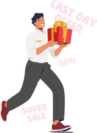 Man Run With Gift Box Eagerly Entices Customers With Promises Of Bonuses And Presents  Illustration