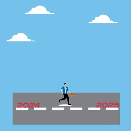 Man running along signpost to new year 2025  Illustration