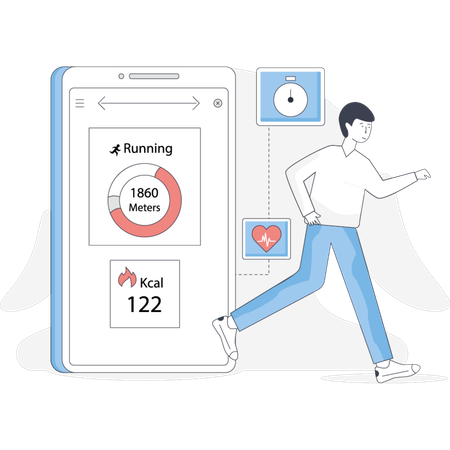 Man running alongside a smartphone displaying a heart rate monitor emphasizing fitness and health tracking  Illustration