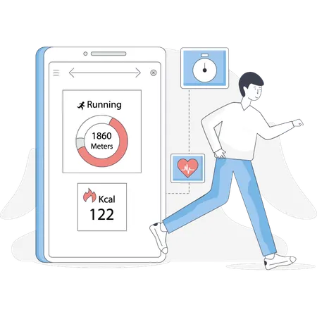 Man running alongside a smartphone displaying a heart rate monitor emphasizing fitness and health tracking  Illustration