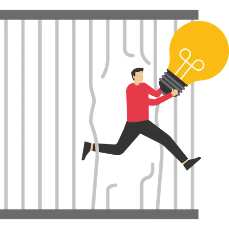 Man running and escape from bird cage trap  Illustration