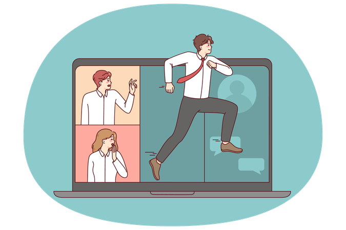 Man running away from remote meeting  Illustration