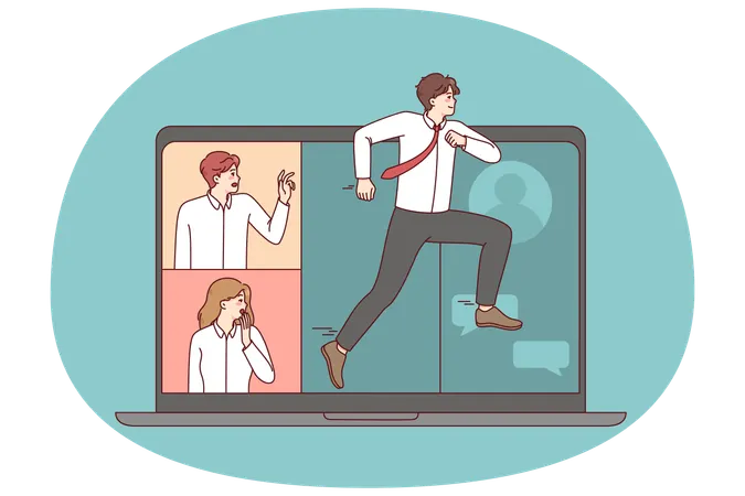 Man running away from remote meeting  Illustration