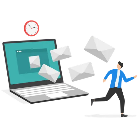 Entrepreneur Office Guy Run Away From Overload Flying Mail Letter From Computer Laptop Email Overloads Too Many Junk Mails That Reduce Efficiency And Productivity In Work And Time Management Concept Illustration