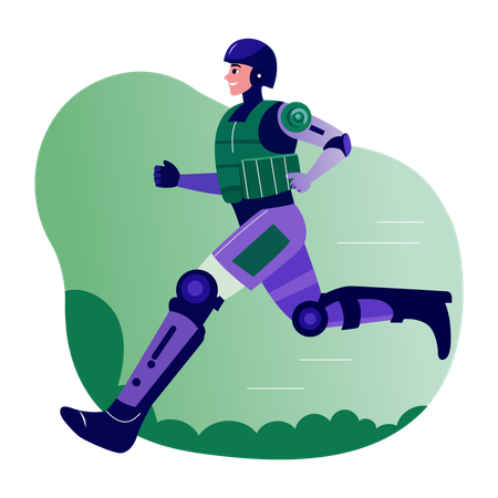 Man running by wearing robotic legs  Illustration