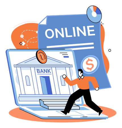 Man running for online bank report  Illustration