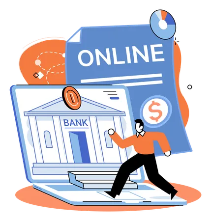 Man running for online bank report  Illustration