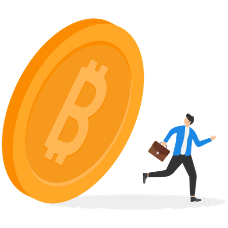 Man running from a falling giant bitcoin  Illustration